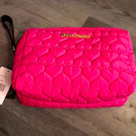 Betsey Johnson Hot Pink Quilted Heart Double Zip Cosmetic Case Makeup Bag NWT - Picture 4 of 16